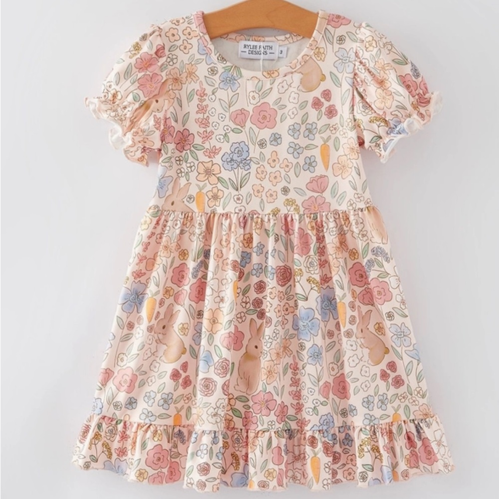 Rylee + Cru Cream Floral Bunny Print Dress with Pink & Blue Accents